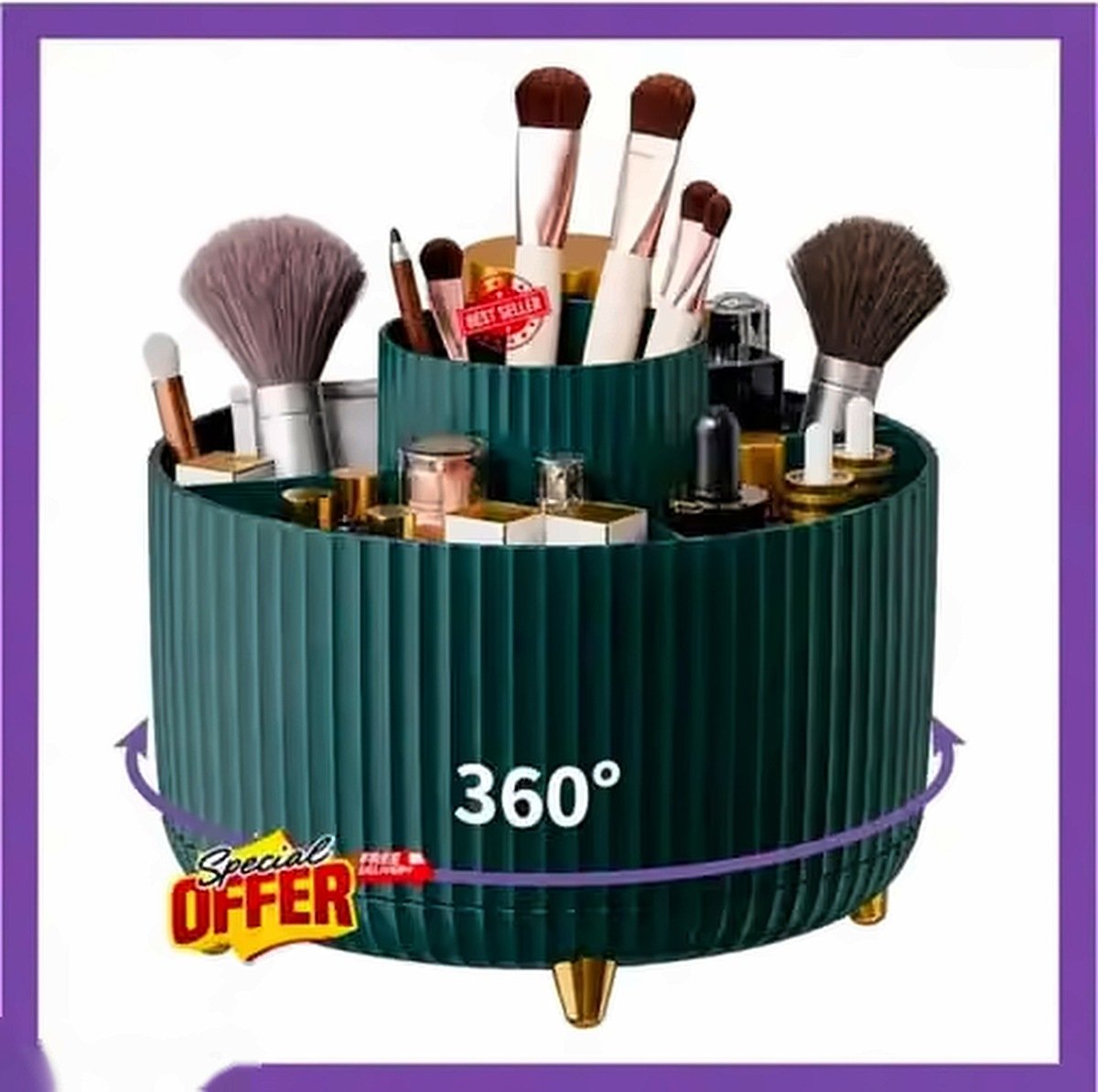 360° Rotating Makeup Brush Holder & Vanity Organizer – Multi-Colour Cosmetic Storage Box - Image 2