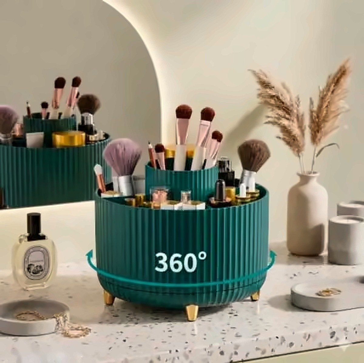 360° Rotating Makeup Brush Holder & Vanity Organizer – Multi-Colour Cosmetic Storage Box - Image 4