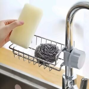 Stainless Steel Faucet Sponge Holder – Over-Faucet Sink Caddy Organizer (Silver)