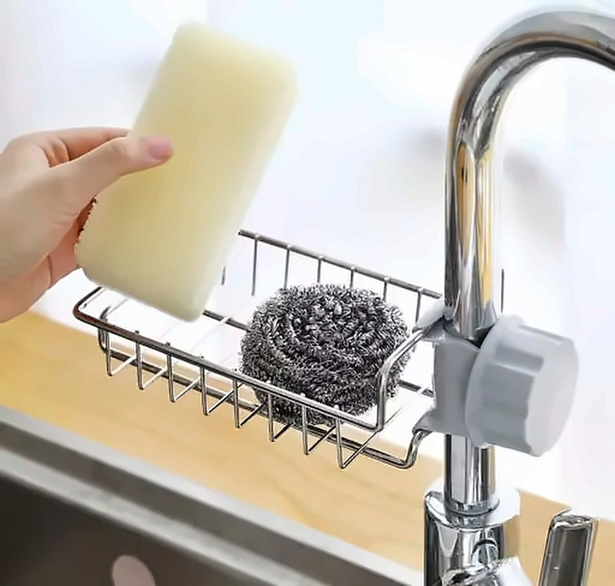 Stainless Steel Faucet Sponge Holder – Over-Faucet Sink Caddy Organizer (Silver)